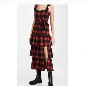 Likely Dress 6‎ Red Black Plaid Midi Ruffle Tiered Holiday Grunge Waist Tie